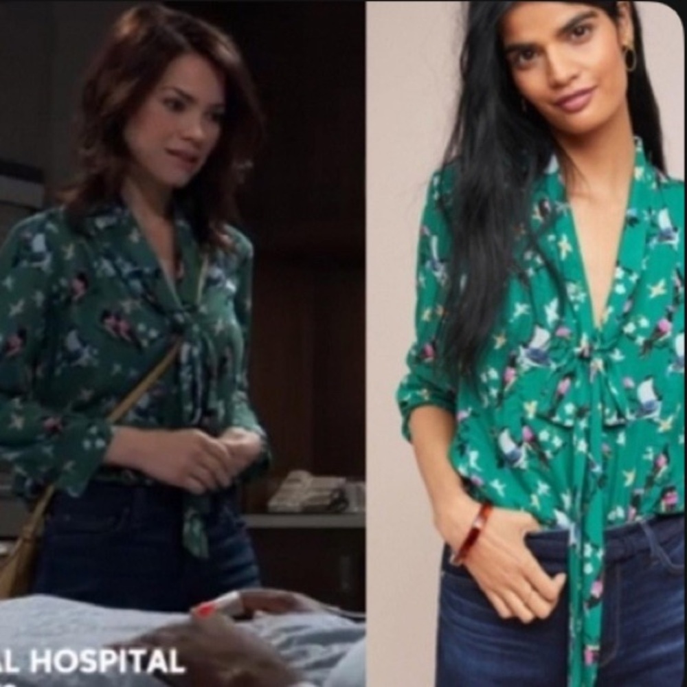 Anthropologie Green Bird Pattern Blouse